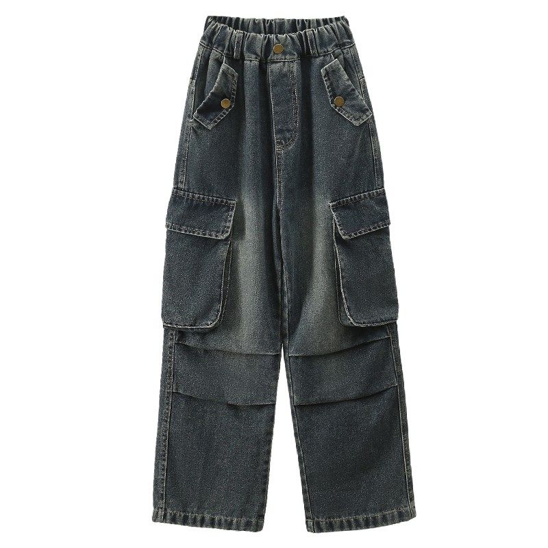 女童工装裤春秋女大童阔腿裤春季牛仔裤春款休闲宽松儿童洋气裤子