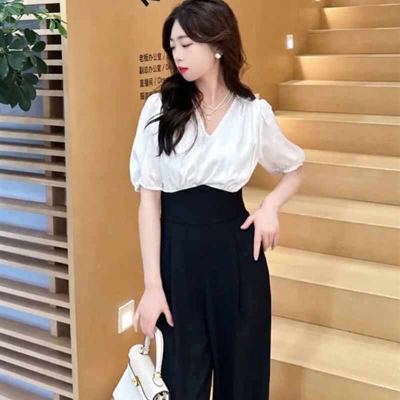 小个子阔腿长裤休闲气质薄款套装女显瘦高腰夏季高级感连体裤宽松