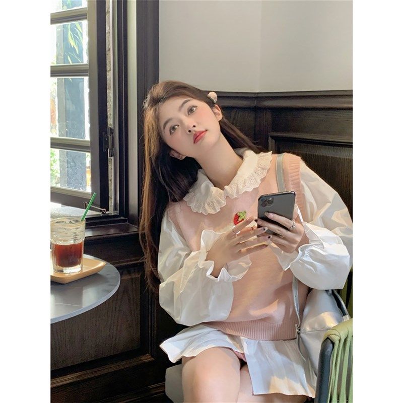 范雯雯 甜桃煎雪 粉色针织马甲女秋季甜美毛衣马夹宽松衬衫两件套