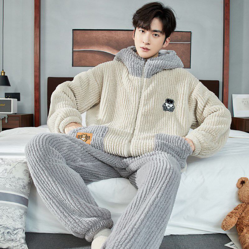 秋冬睡衣男加绒加厚珊瑚绒拉链连帽保暖法兰绒家居服冬季大码套装