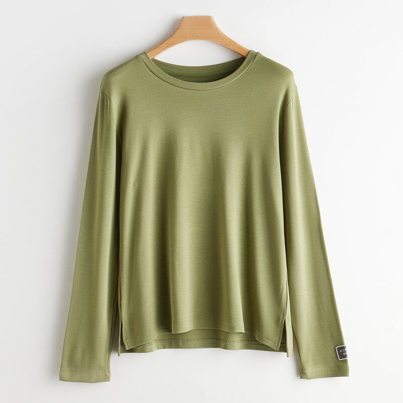 T恤衫女士2025春装新款简约圆领套头侧开叉打底衫修身长袖上衣服