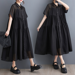 大码暗黑系镂空衬衫裙配吊带裙子两件套夏季胖mm遮肚显瘦连衣裙女