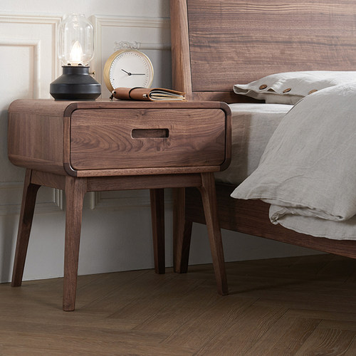 北美黑胡桃床头柜卧室灯桌整装中式床头收纳柜简约北欧实木床边柜