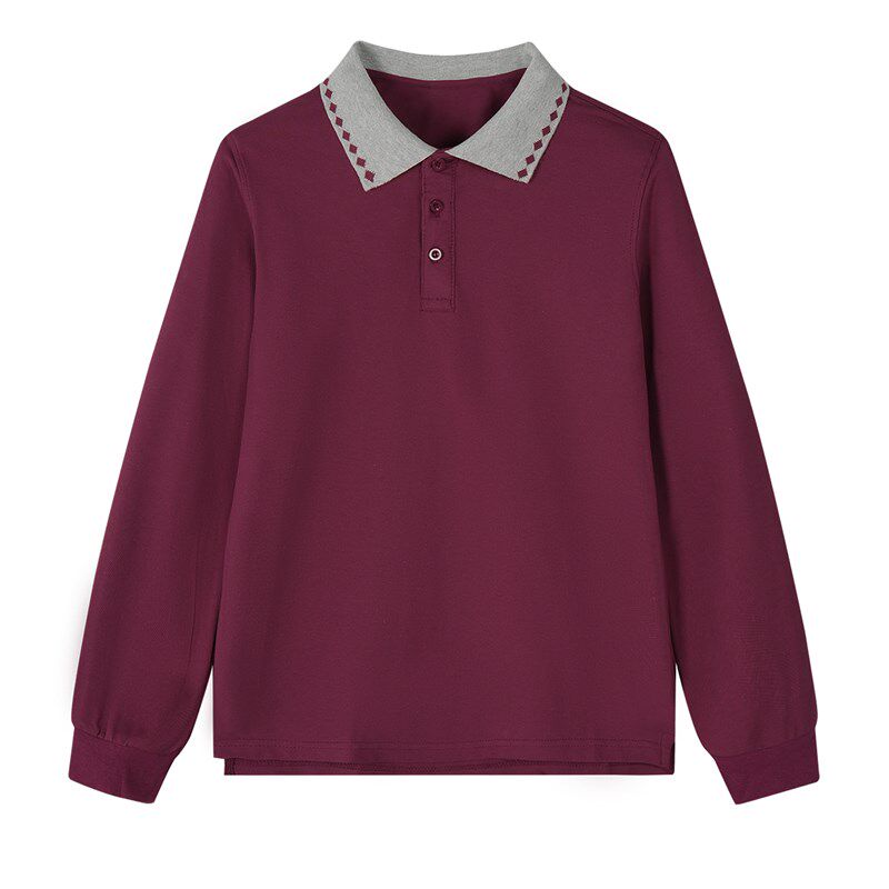 儿童POLO衫长袖春秋薄款宽松女童中小学生校服男童酒红色T恤纯棉