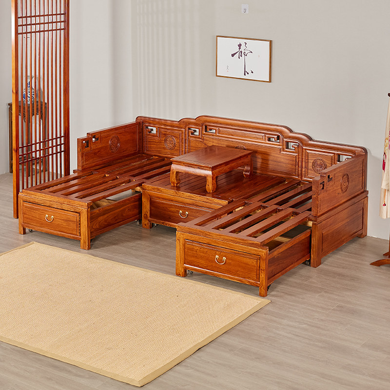 全实木3米推拉罗汉床客厅榆木抽拉沙发床2.6米榫卯仿古伸缩罗汉榻