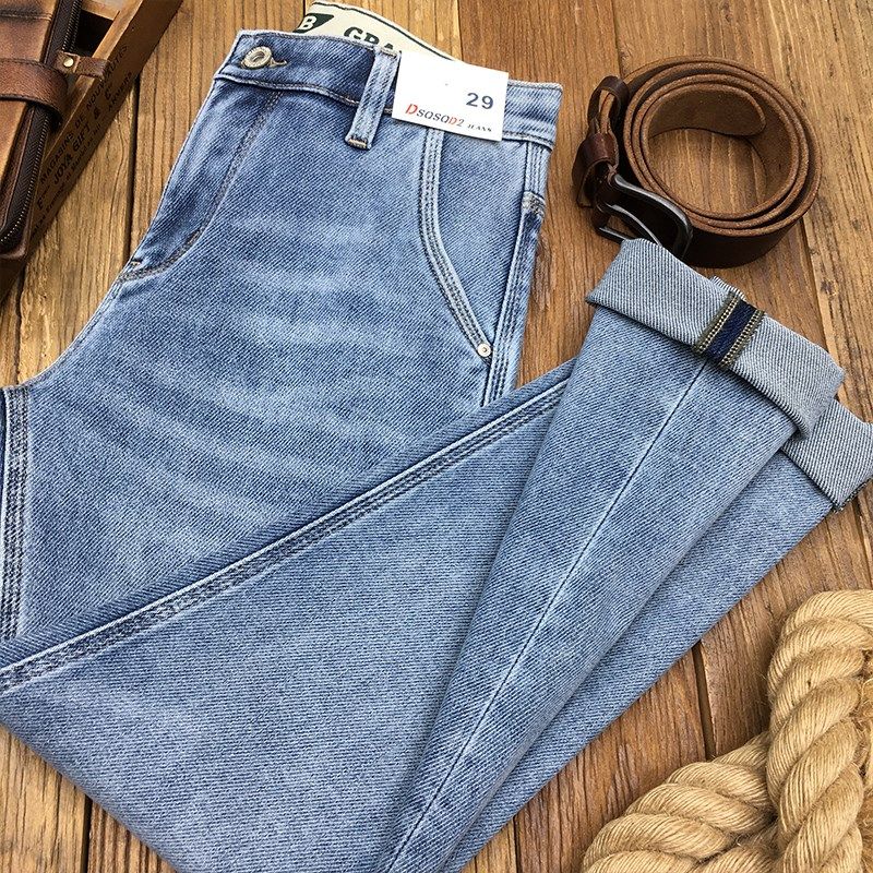 橡筋织带裤腰春季斜纹九分牛仔裤男浅蓝色弹力修身小脚长裤古士狼