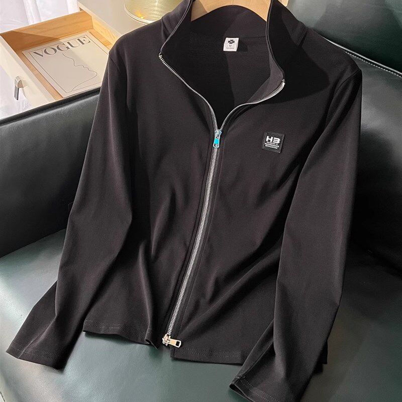 新款2024女装纯棉春夏薄款开衫卫衣女立领修身外套两头拉链上衣