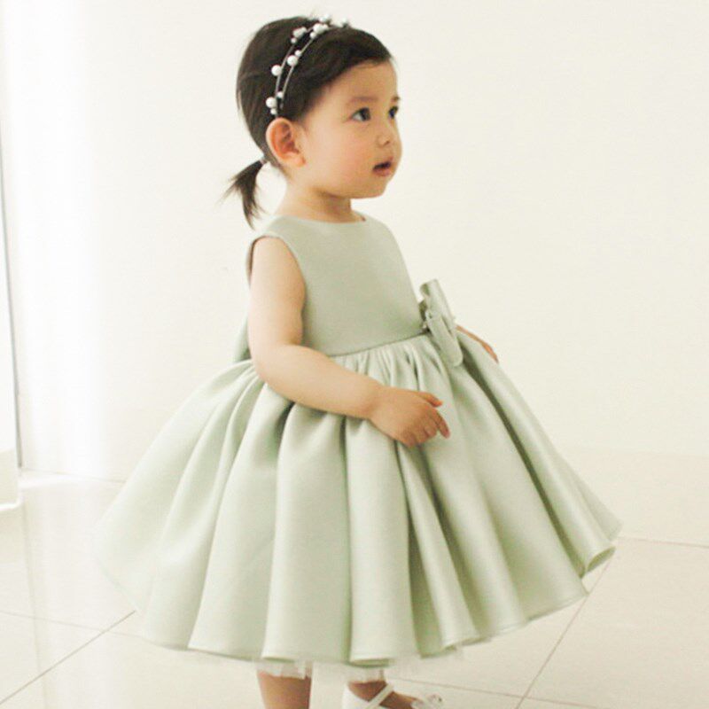 女童高定小礼服缎面花童婚礼洋气蓬蓬裙儿童周岁宴宝宝生日公主裙
