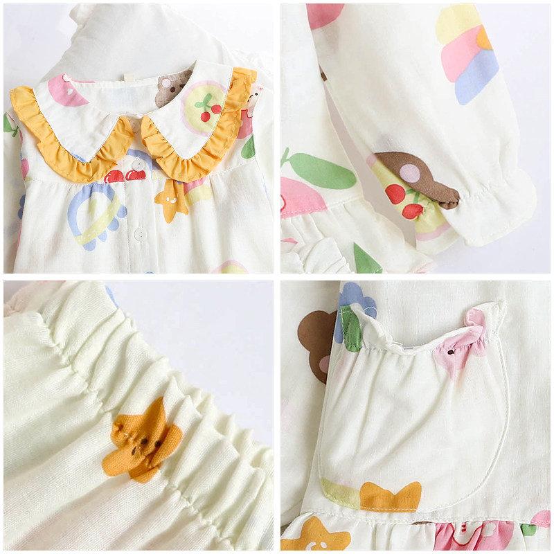 春夏女童儿童纯棉纱布睡衣长袖套装春秋薄款可爱卡通小女孩家居服