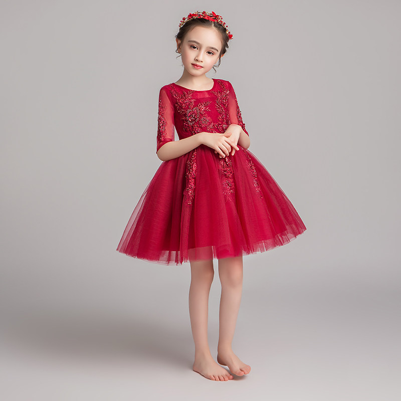 儿童礼服公主裙女童蓬蓬纱生日红色小女孩花童婚礼主持人演出服夏