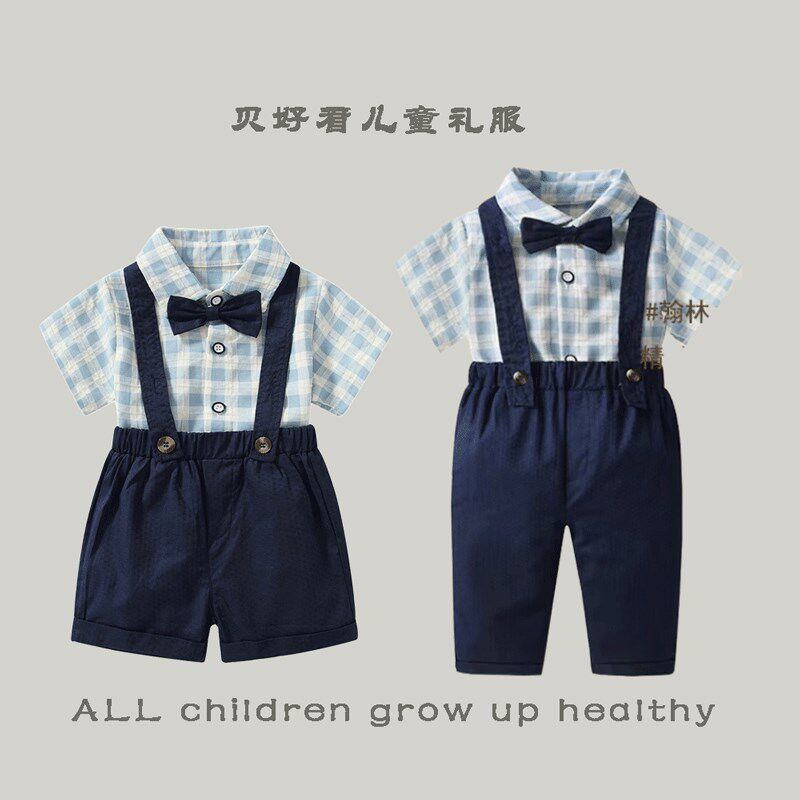 男童夏季纯棉背带裤套装婴幼儿生日一岁抓周宝宝生日摄影花童礼服