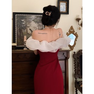 鹿与玫瑰新中式复古一字肩连衣裙气质订婚回门服新娘红色礼服裙子