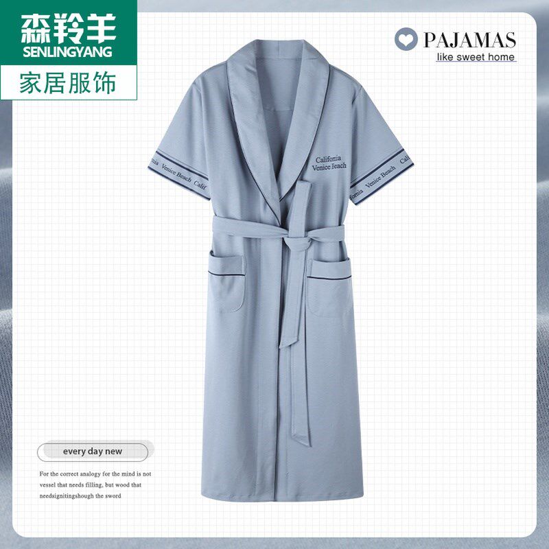 睡衣女士夏季纯棉睡袍短袖中长款夏天薄款浴袍全棉晨袍浴衣家居服