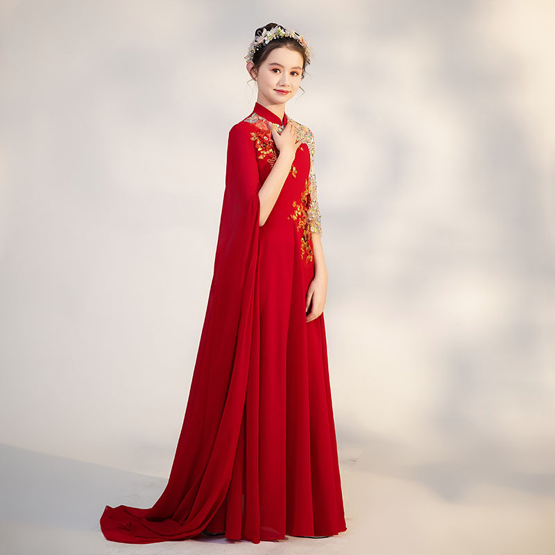 新款女童弹古筝演出服酒红色中国风晚礼服民乐演奏大合唱艺考高端