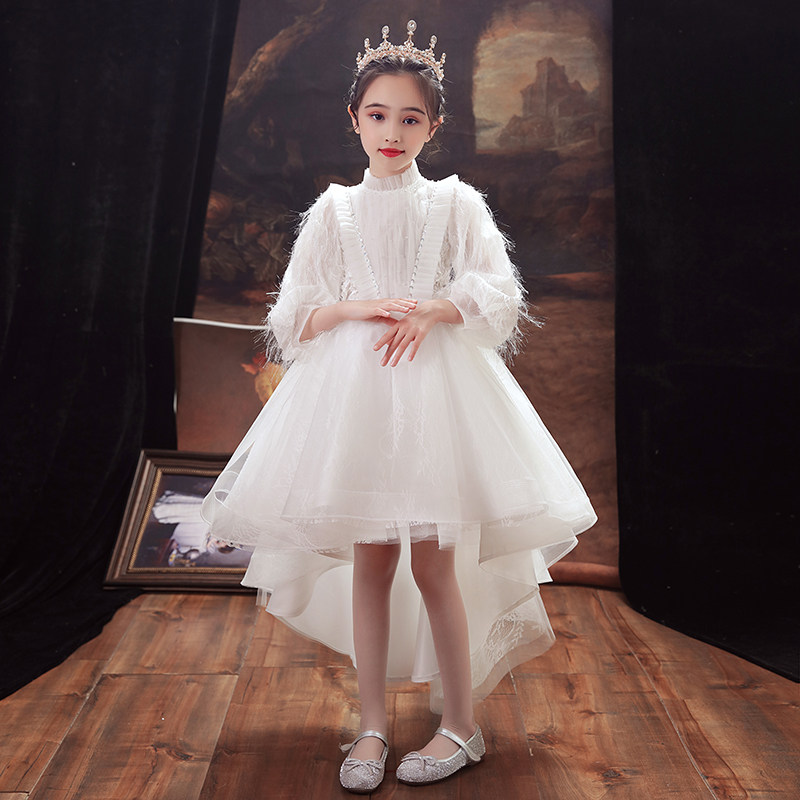 白色礼服女童公主裙生日前短後长花童婚纱主持人儿童钢琴演出服夏