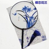 儿童节青花瓷舞蹈圆扇古典中国风团扇胭脂妆小号扇子21厘米蓝长柄