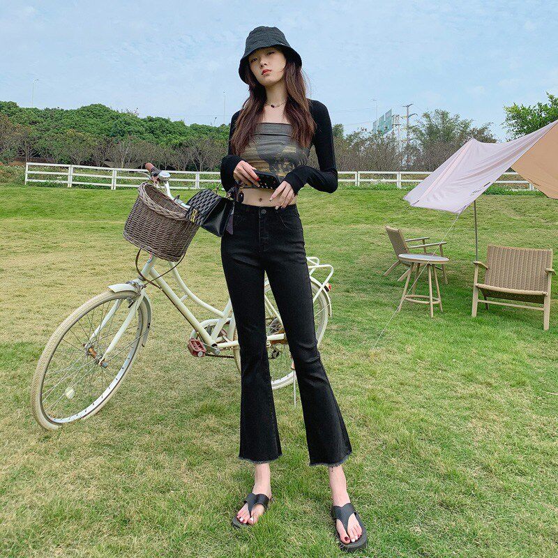 深蓝色八分微喇叭牛仔裤女春夏薄款弹力毛边九分小个子穿搭阔腿裤