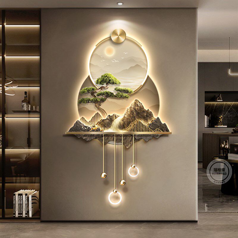 轻奢玄关装饰画新中式流水生财走廊尽头山水挂画入户正对门壁灯画