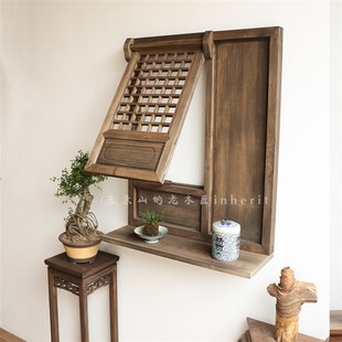 中式上翻窗仿古做旧置物板支摘窗古风复古花窗挂件装饰东阳木雕