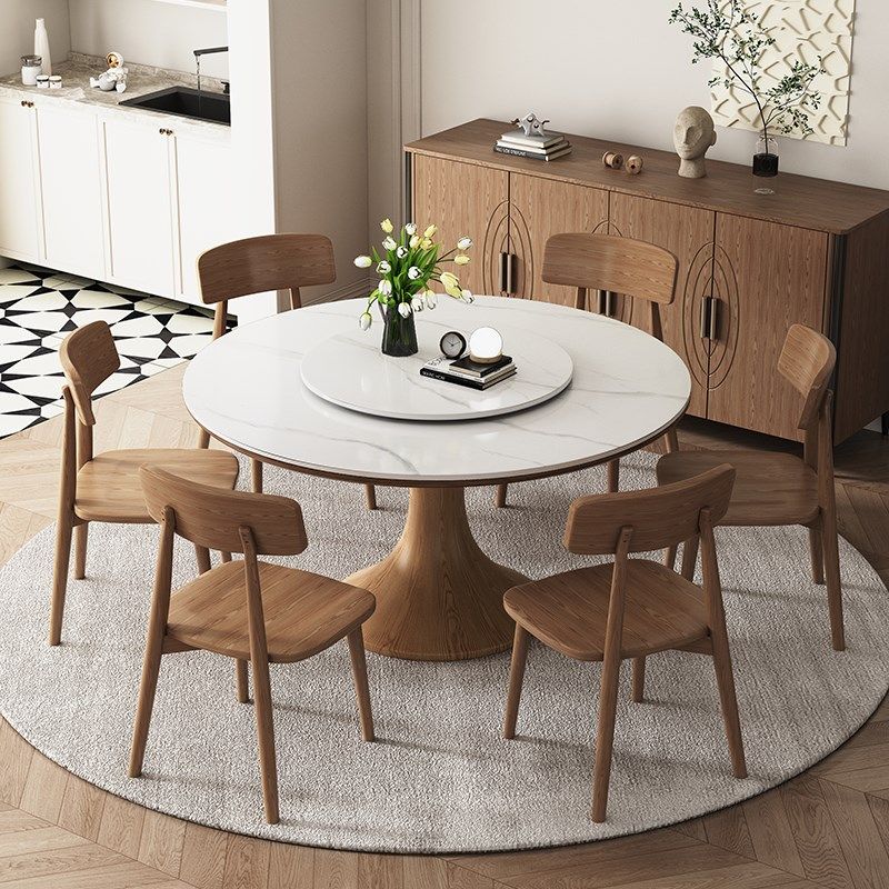 中古风白蜡木岩板圆餐桌小户型复古简约家用小蛮腰带转盘实木圆桌,住宅家具,岩板餐桌,淘宝优惠券,粉丝福利购,淘宝优惠卷