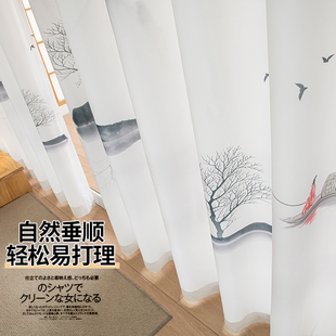免打孔安装透光不透人纱帘新中式中国风山水画卧室客厅阳台隔断帘