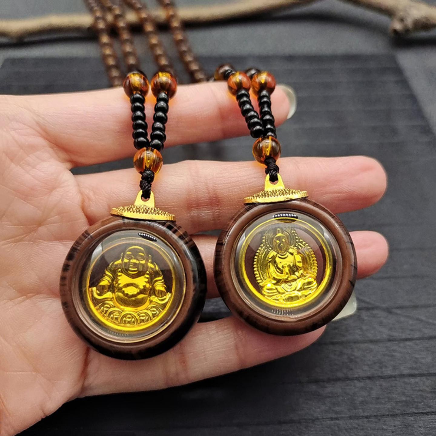 金泊佛吊坠男女项链双面佛像女挂件镶金吊坠仿木框景区礼物