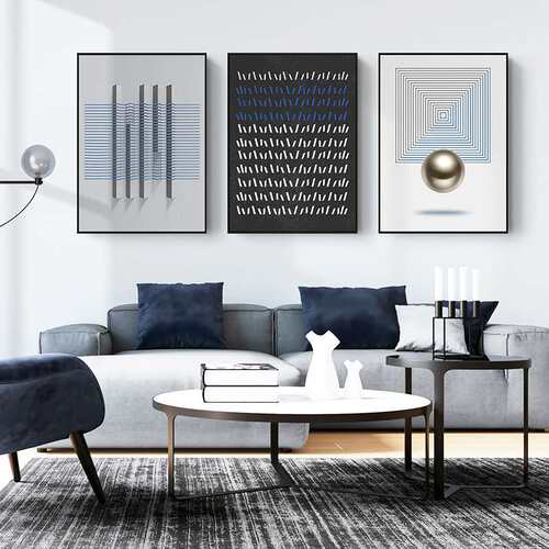 现代简约客厅样板房装饰画 抽象几何建筑挂画天蓝色壁画厂家