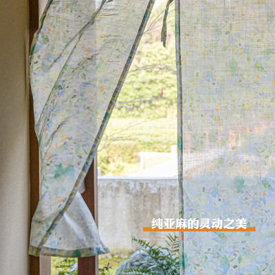 本原纯亚麻碎花门帘 绿色桃花隔断帘穿杆半帘小清新印花装饰帘
