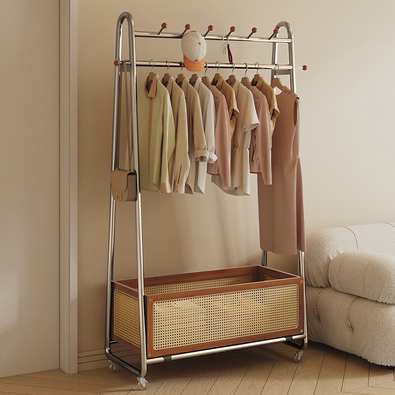 中古藤编衣帽架卧室落地挂衣架房间复古晾衣架移动拐角挂衣杆法式