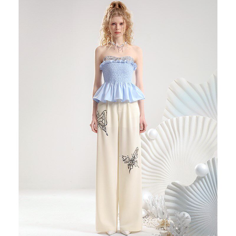 茬客浪漫温柔气质套装25年夏季抽褶吊带上衣白色亮片蝴蝶阔腿裤女