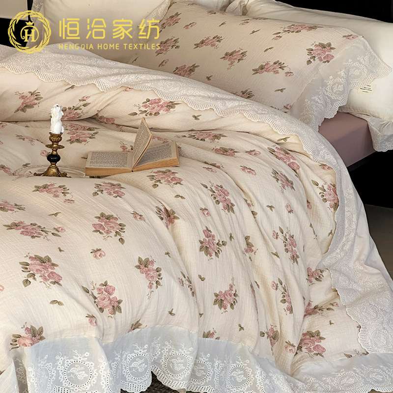 法式全棉皱皱双层纱四件套清新花卉印染纯棉荷叶边被套床品奶白色