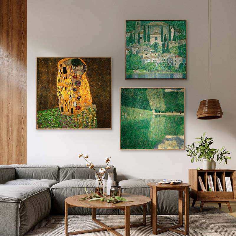 古斯塔夫克里姆特吻油画庄园风景L框肌理装饰画合集客厅餐厅挂画