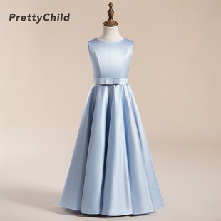 女童小提琴演出中大童乐团钢琴比赛天蓝色缎面高端晚礼服长款春秋