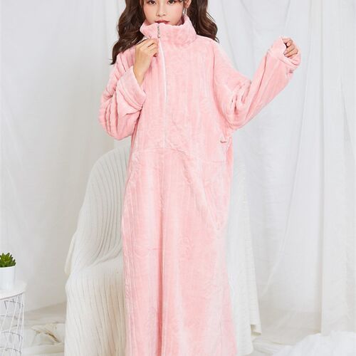 女士秋冬法兰绒双面珊瑚绒立领长款保暖条纹玫瑰花睡裙睡衣家居服