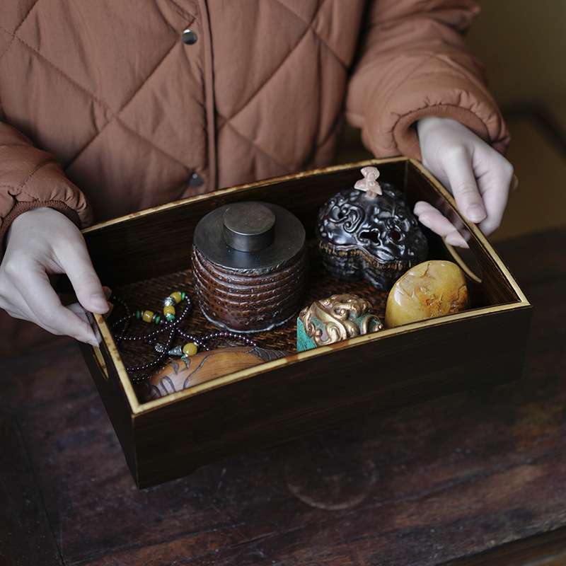复古湘妃竹镶嵌工艺竹编古文盘茶具收纳盘文玩席面文房清供长竹盘
