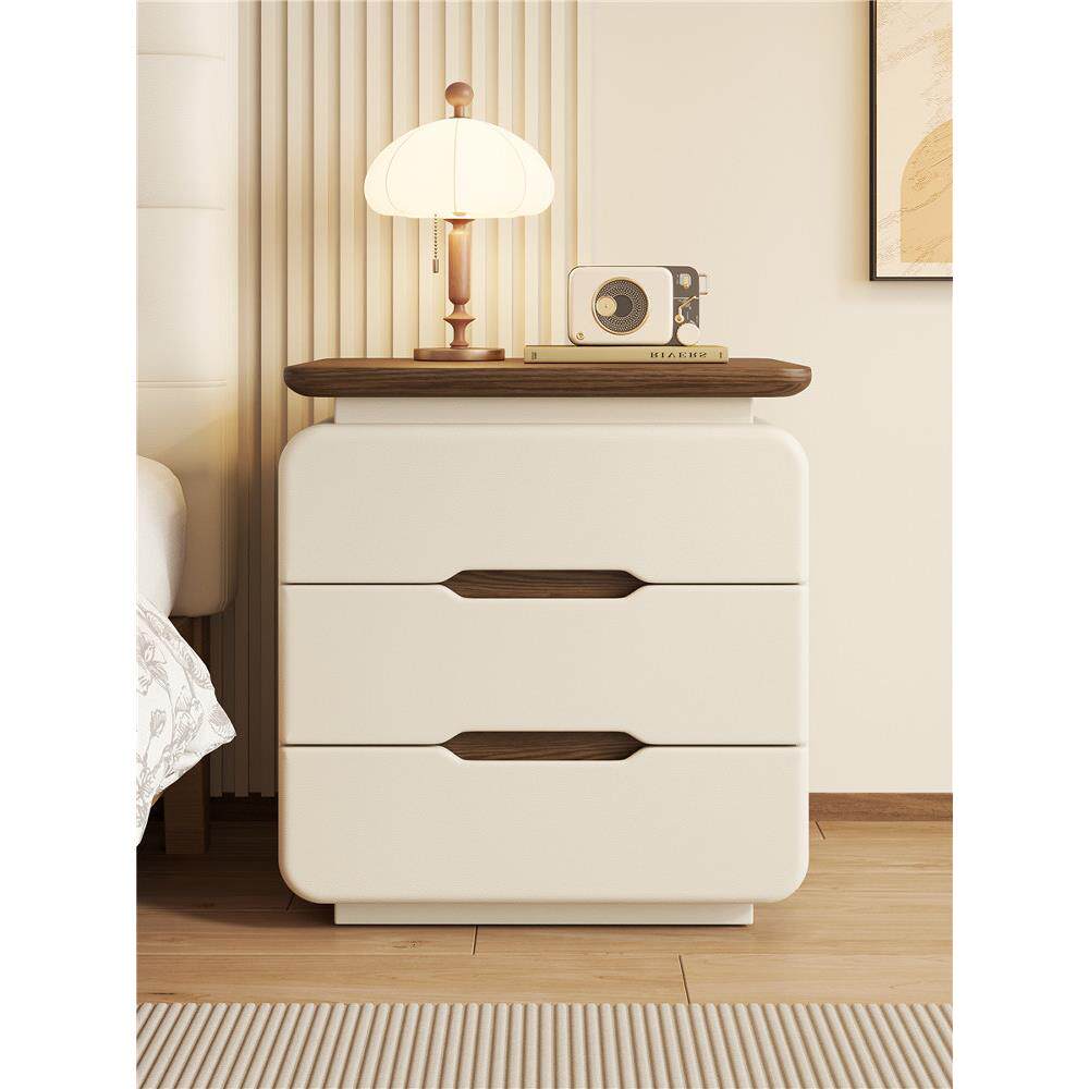 实木三抽屉床头柜网红无障碍豪华高端简约现代奶油中世纪风格落地