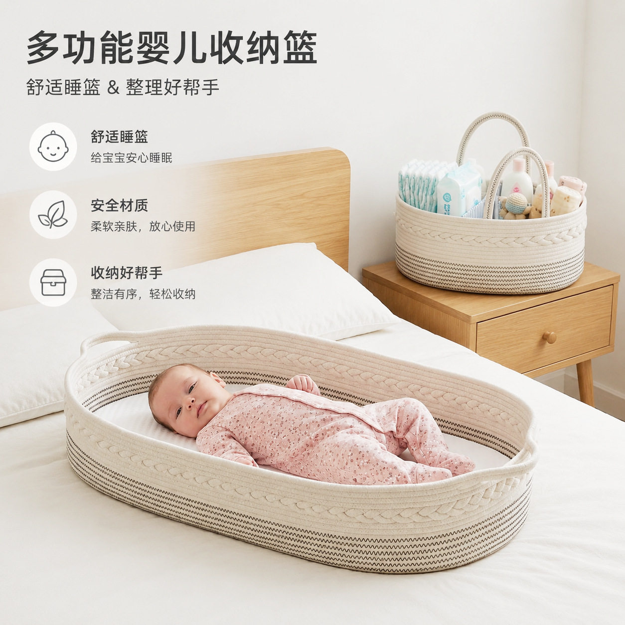 编织手提婴儿换尿布篮收纳筐便携换尿布台奶瓶带隔层收纳篮子跨境