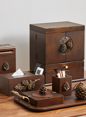 新中式摆件客厅玄关电视柜软装酒店高级感木首饰盒糖果盒家居饰品