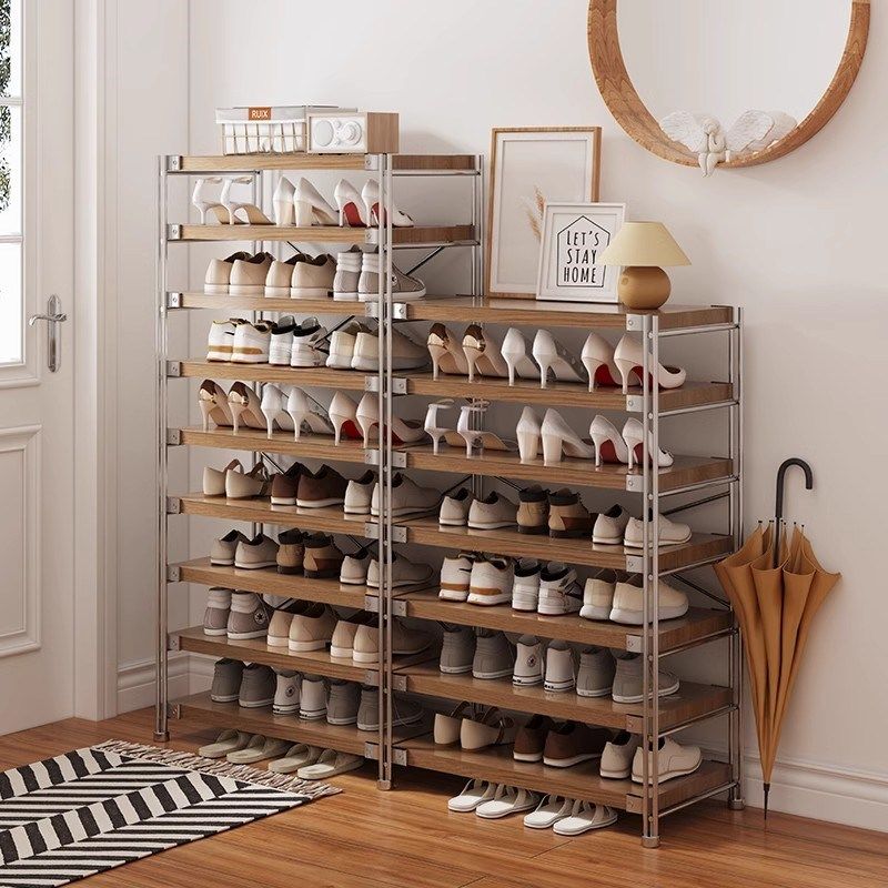 钢木结合置物架日式原木风落地多层收纳架客厅简约陈列架木质鞋架