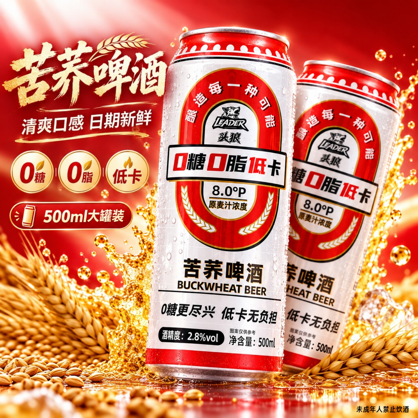 苦荞啤酒500ml/罐0糖0脂低卡原麦汁浓度:8°P 酒精度:2.8%vol