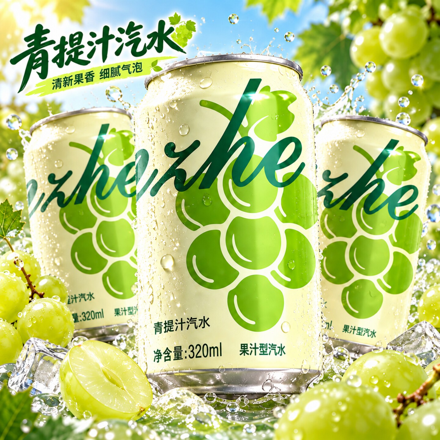 【24罐】青提味汽水320mL/罐果香清爽整箱批发休闲饮品果汁型饮料