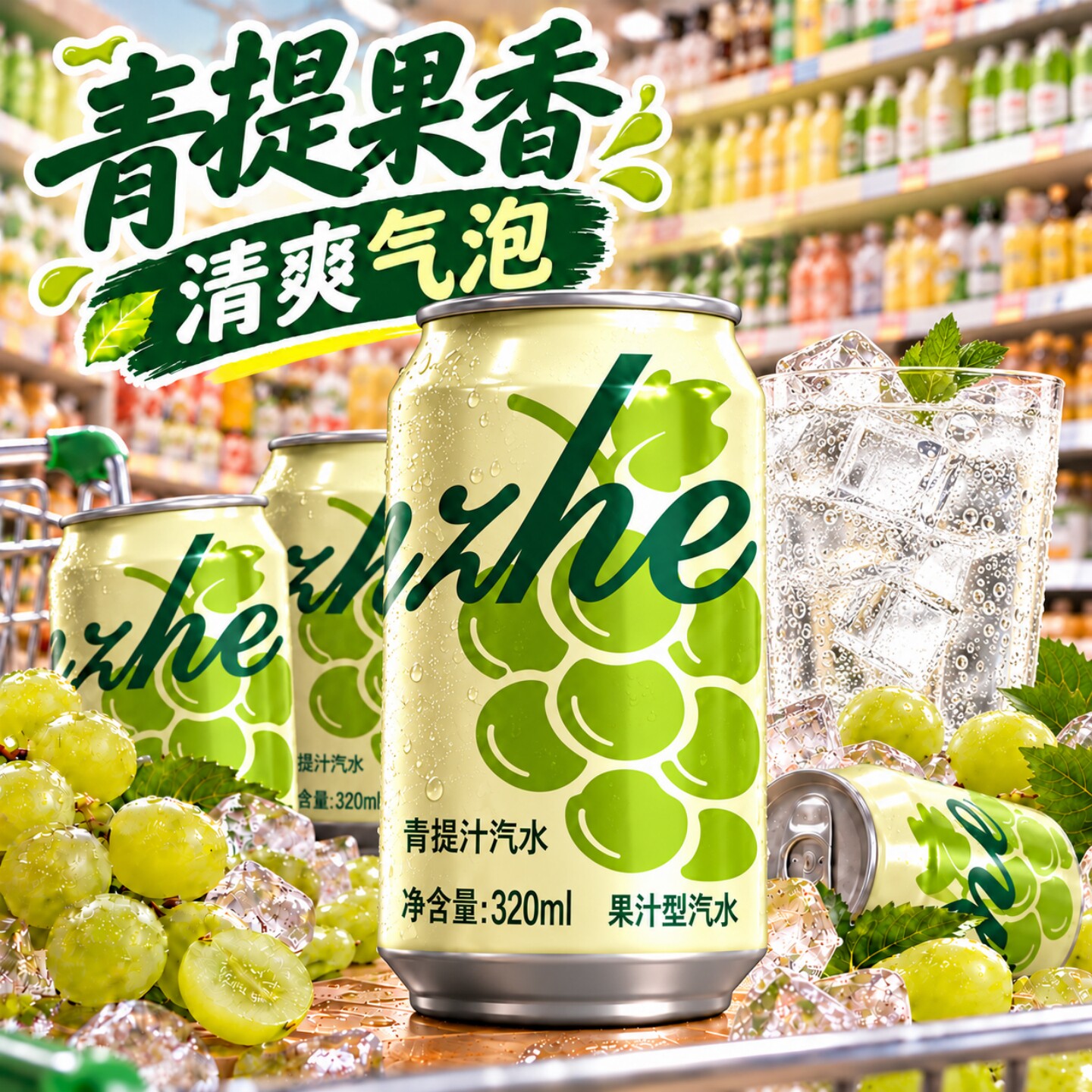 【商超同款】青提汁汽水320mL/罐商场超市同款高颜值网红饮料