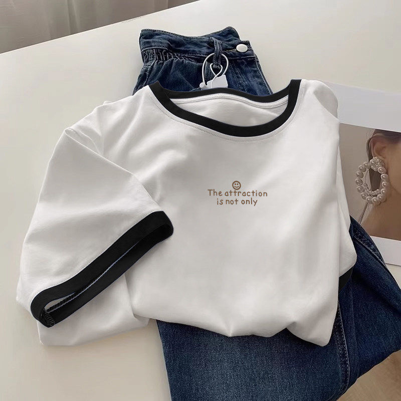 2026夏季新款纯棉短袖t恤女圆领宽松百搭薄款撞色拼接上衣打底衫