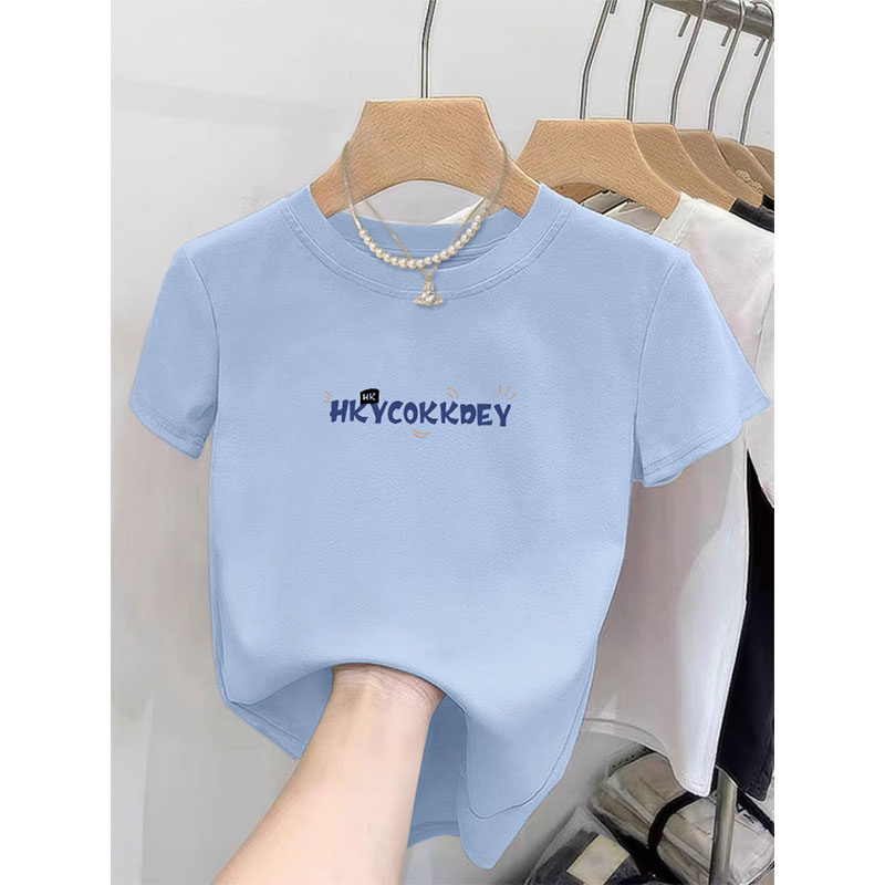 正肩短袖t恤女2026新款夏季洋气显瘦内搭纯棉多巴胺蓝色短款上衣