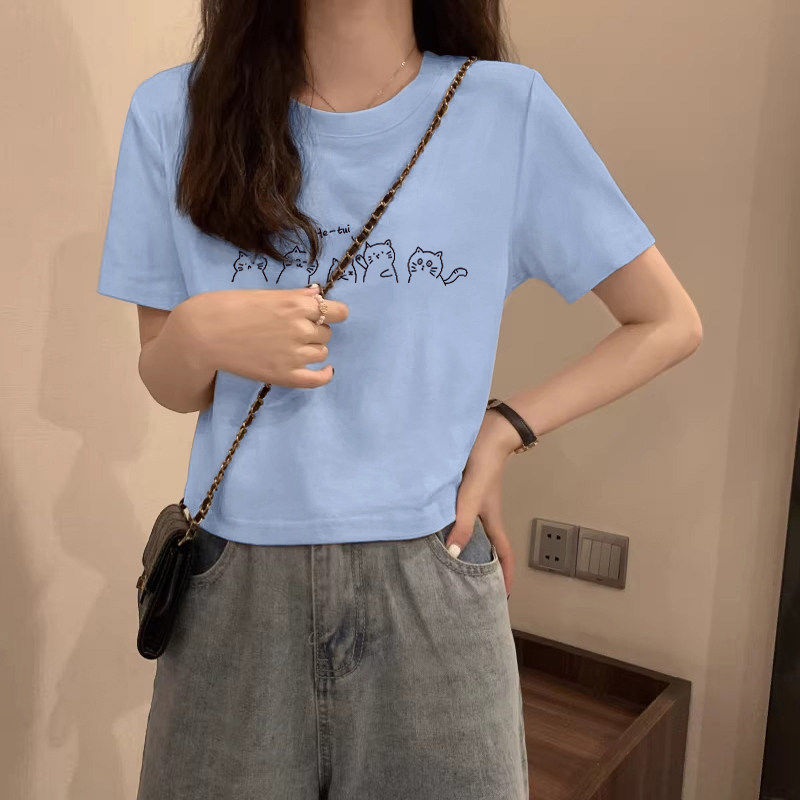 纯棉圆领短袖t恤女夏季2026新款减龄洋气显瘦小个子短款内搭上衣