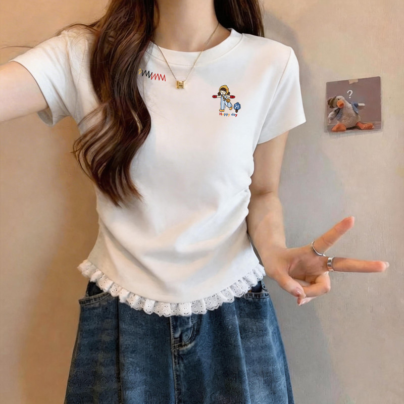 正肩圆领纯棉短袖T恤女夏季新款ins蕾丝拼接短款减龄甜酷显瘦上衣