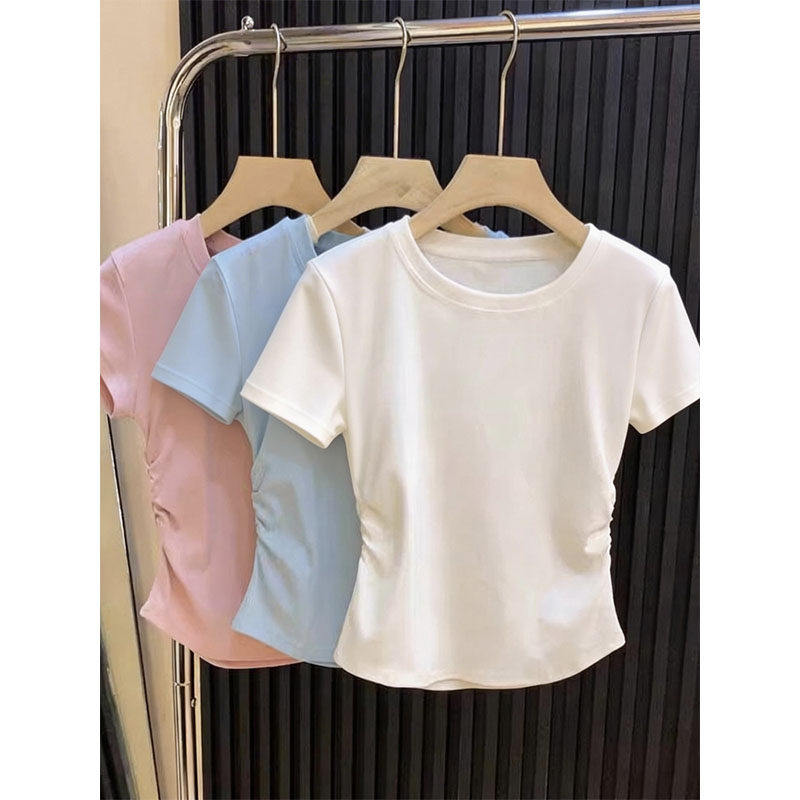 圆领短袖t恤女2026夏季新款修身显瘦显高正肩小个子短款皱褶上衣