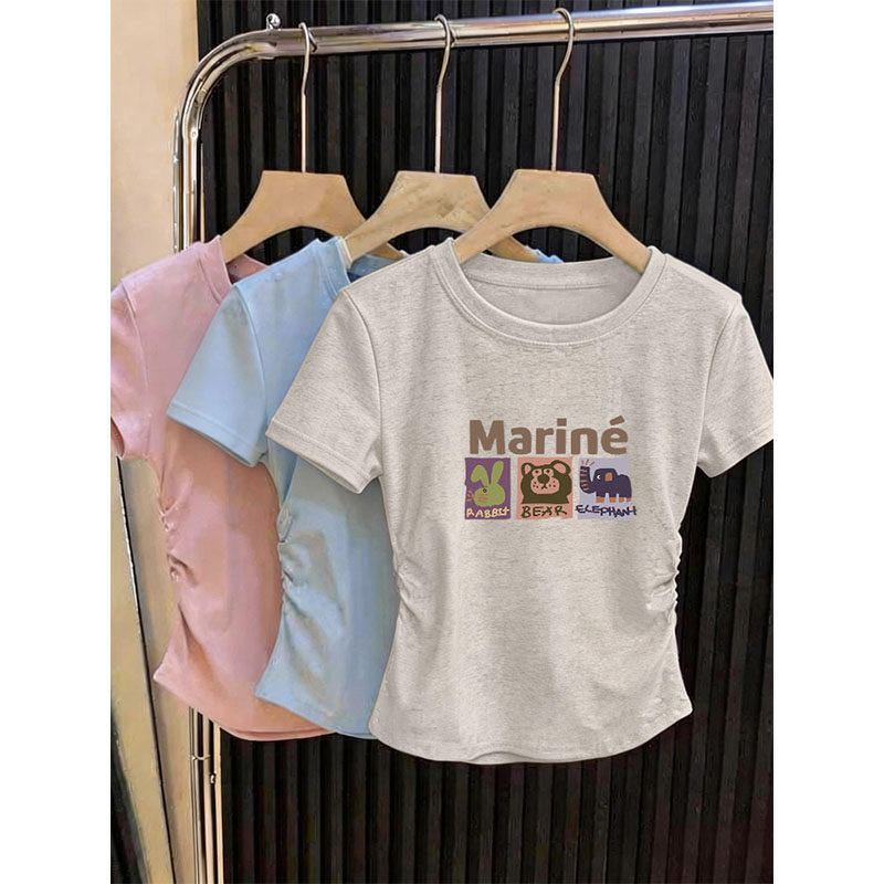 正肩短袖t恤女夏季新款白色纯棉半袖修身显瘦设计感短款褶皱上衣