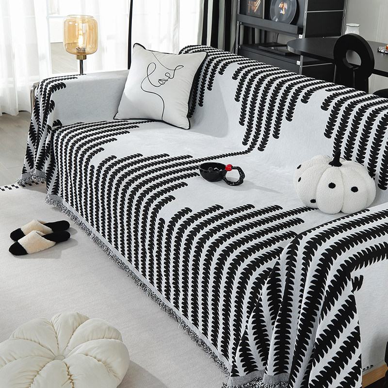 奶油风条纹雪尼尔沙发盖布四季通用高颜值沙发巾防尘防滑可机洗