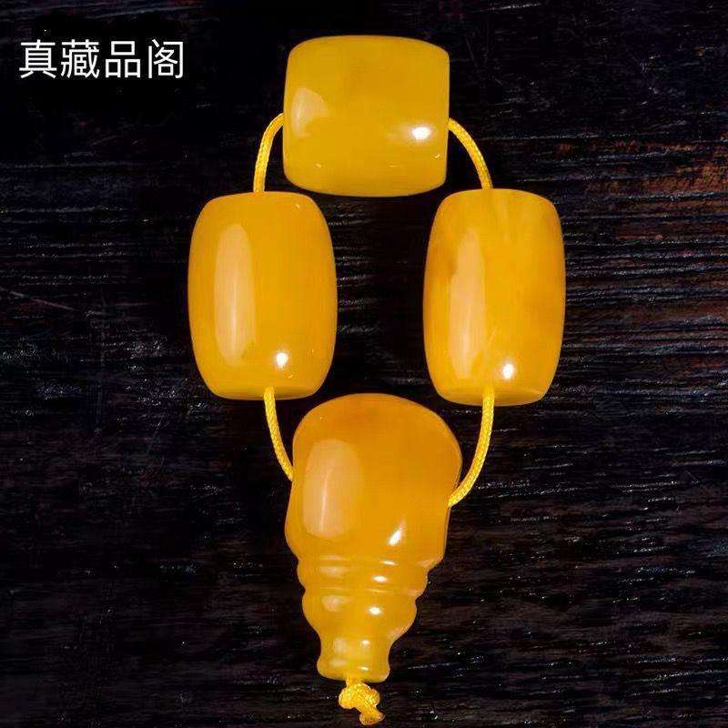 真藏品阁天然蜜蜡原石满蜜鸡油黄蜜蜡桶珠蜜蜡顶珠子三通套装配饰